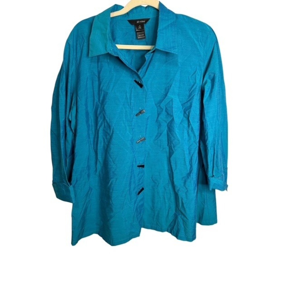Ali Miles Blouse Women's 1X Artsy Office Tunic Top Button Front Blue